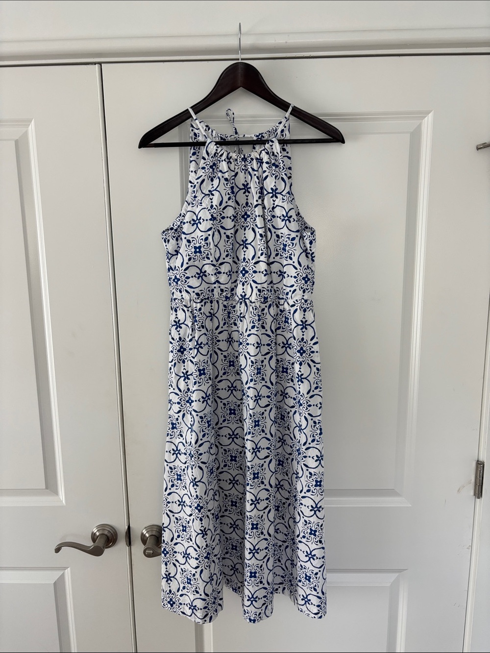 J. Crew Factory White and Blue Halter-Style Printed Midi Dress